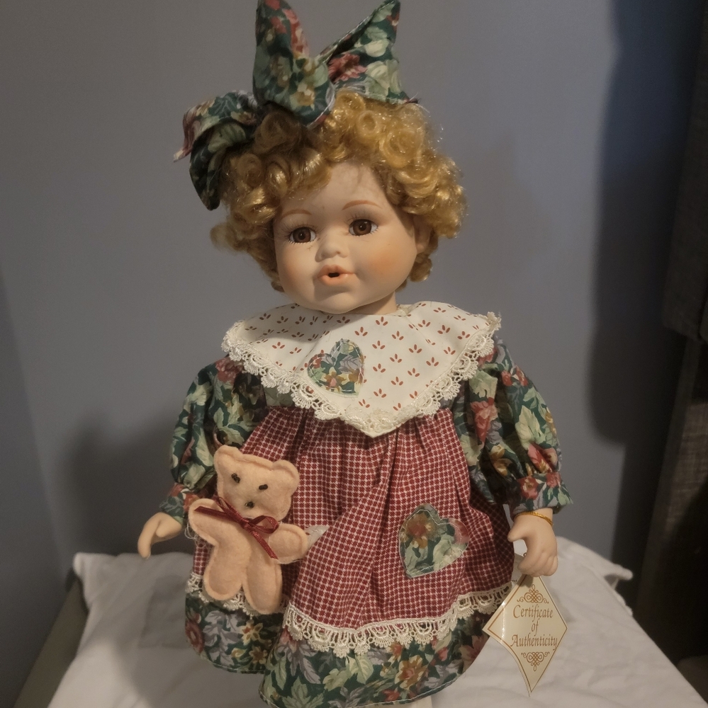 Floral Porcelain Doll with Bear